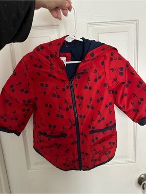 Simple Red Hooded Raincoat with Navy Cherry Print